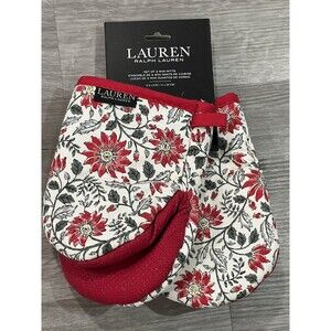 RALPH LAUREN  MINI Oven MITTS Gloves Silicone Grip Red Floral Set Of 2 Christmas